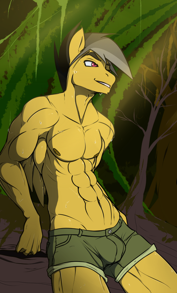 Size: 499x827 | Tagged: abs, anthro, artist:slypon, bare chest, clothes, cropped, crotch bulge, daring do, dashing do, derpibooru import, edit, jungle, male, muscles, questionable, rule 63, scar, shorts, solo, solo male, staff, topless