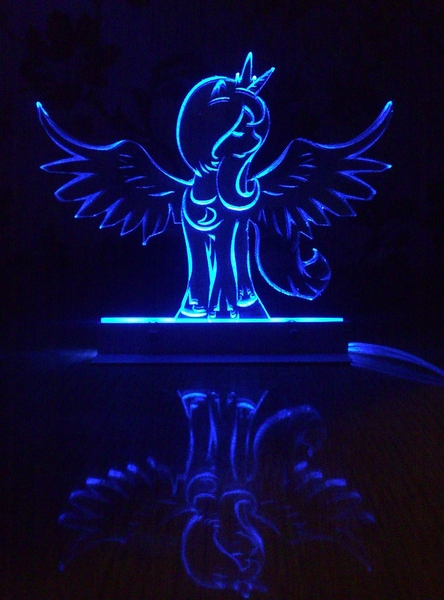 Size: 1480x2000 | Tagged: artist:ayasin, artist:vasgotec, craft, derpibooru import, engraving, eyes closed, glow, led, photo, princess luna, reflection, s1 luna, safe, solo, spread wings