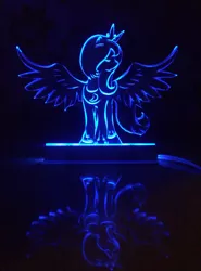 Size: 1480x2000 | Tagged: artist:ayasin, artist:vasgotec, craft, derpibooru import, engraving, eyes closed, glow, led, photo, princess luna, reflection, s1 luna, safe, solo, spread wings