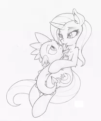 Size: 837x1000 | Tagged: suggestive, artist:dfectivedvice, derpibooru import, spike, trixie, dragon, pony, unicorn, bedroom eyes, commission, cuddling, drool, eye contact, female, fluffy, foalcon, grayscale, hug, kissing, licking, male, mare, monochrome, open mouth, shipping, sketch, sloppy kissing, smiling, snuggling, spixie, straight, tongue out