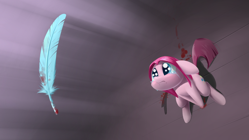 Size: 1920x1080 | Tagged: semi-grimdark, derpibooru import, pinkie pie, earth pony, pony, blood, colored pupils, crepuscular rays, crying, feather, female, floppy ears, frown, implied death, implied rainbow dash, knife, looking up, mare, pinkamena diane pie, sitting, solo