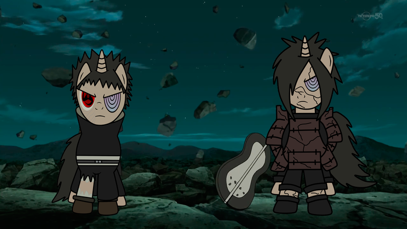 Size: 1280x720 | Tagged: artist:lancerdarksoul, derpibooru import, edo tensei, floating rocks, frown, gumbai, mangekyo sharingan, naruto, ponified, rinnegan, safe, sharingan, uchiha madara, uchiha obito