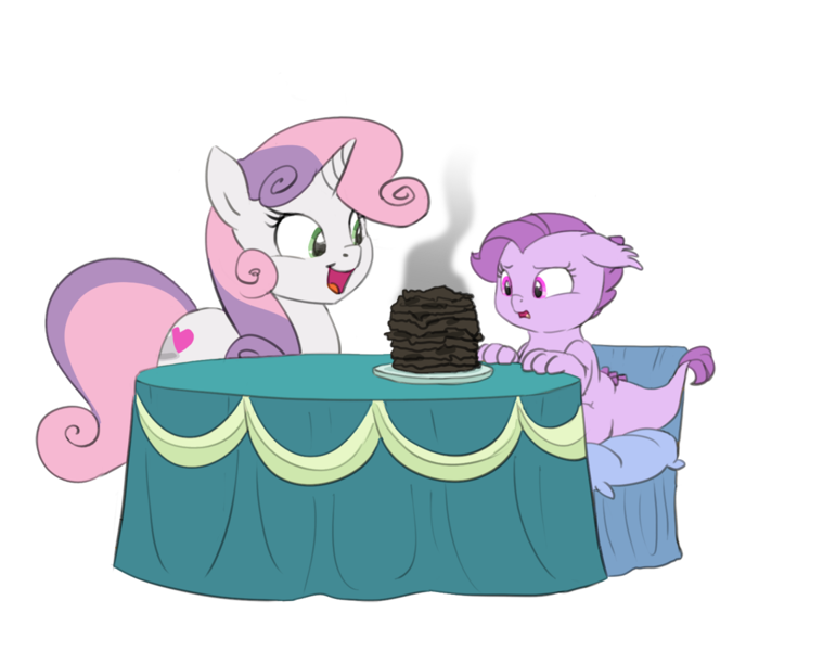 Size: 1138x900 | Tagged: artist:carnifex, aunt and niece, breakfast is ruined, burned, burnt, derpibooru import, dracony, epic fail, fanfic art, floppy ears, frown, hybrid, interspecies offspring, oc, oc:lavender, offspring, older, open mouth, pancakes, parent:rarity, parent:spike, parents:sparity, safe, simple background, smiling, sweetie belle, sweetie belle can't cook, transparent background
