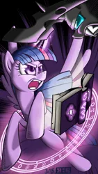 Size: 750x1334 | Tagged: safe, artist:burning-heart-brony, derpibooru import, twilight sparkle, twilight sparkle (alicorn), alicorn, changeling, pony, book, female, fight, magic, mare, phone wallpaper, runes, spellbook, wallpaper