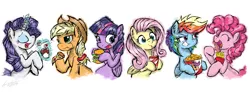 Size: 4371x1600 | Tagged: safe, artist:flutterthrash, derpibooru import, applejack, fluttershy, pinkie pie, rainbow dash, rarity, scootaloo, twilight sparkle, twilight sparkle (alicorn), alicorn, pony, burger, drink, eating, fast food, female, food, french fries, fried chicken, ice cream, line-up, mane six, mare, omnivore twilight, pizza, ponies eating meat, scootachicken, sundae, that pony sure does love burgers, twilight burgkle