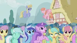 Size: 1366x768 | Tagged: safe, derpibooru import, screencap, amethyst star, carrot top, cherry cola, cherry fizzy, cloud kicker, coco crusoe, dizzy twister, doctor whooves, golden harvest, lemon hearts, lyra heartstrings, merry may, minuette, orange swirl, parasol, rainbowshine, sunshower raindrops, time turner, twinkleshine, pony, boast busters