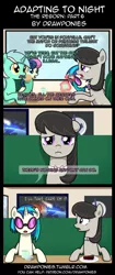 Size: 580x1378 | Tagged: safe, artist:drawponies, artist:terminuslucis, derpibooru import, bon bon, lyra heartstrings, octavia melody, sweetie drops, vinyl scratch, earth pony, pony, unicorn, comic:adapting to night, comic:adapting to night: the reborn, cafe, comic, food, glowing horn, horn, magic, muffin, pie, telekinesis