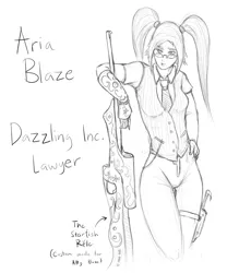 Size: 780x936 | Tagged: aria blaze, artist:figgot, derpibooru import, gun, knife, lawyer, leaning, monochrome, rifle, safe, solo, steampunk