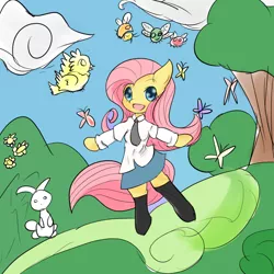 Size: 1000x1000 | Tagged: angel bunny, anthro, artist:mabo3, clothes, derpibooru import, fluttershy, parasprite, pixiv, safe, solo