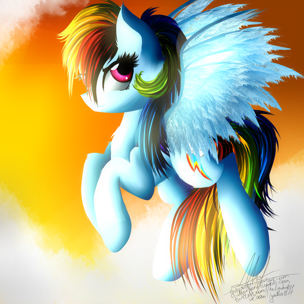 Size: 3000x3000 | Tagged: artist:thelyuba1211, derpibooru import, feather, flying, high res, rainbow dash, safe, solo