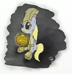 Size: 737x756 | Tagged: safe, artist:dennyhooves, derpibooru import, derpy hooves, pegasus, pony, female, food, jack-o-lantern, mare, paper bag, paper bag wizard, pumpkin, solo