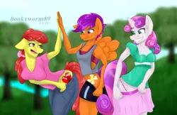 Size: 1280x827 | Tagged: anthro, apple bloom, artist:bookxworm89, cutie mark, cutie mark crusaders, high five, hilarious in hindsight, older, scootaloo, suggestive, sweetie belle