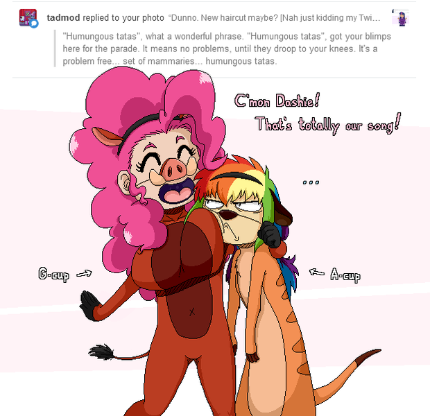 Size: 623x603 | Tagged: artist:redhotkick, breast envy, breasts, busty pinkie pie, clothes, costume, derpibooru import, female, grumpy, human, humanized, pinkie pie, pumbaa, rainbow dash, safe, the lion king, timon, tumblr