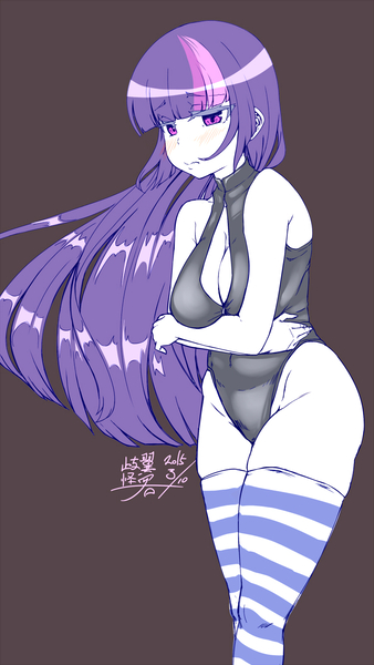 Size: 900x1596 | Tagged: artist:pokuytred, blushing, breasts, busty twilight sparkle, cleavage, clothes, derpibooru import, female, front zipper swimsuit, human, humanized, one-piece swimsuit, partial color, pixiv, safe, socks, solo, striped socks, swimsuit, twilight sparkle
