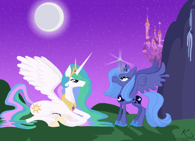 Size: 2500x1814 | Tagged: safe, artist:kae-kae, derpibooru import, princess celestia, princess luna, alicorn, pony, artifact, canterlot, duo, magic, moon, moon work, night, raising the moon, royal sisters, s1 luna, sisters, stars