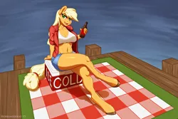 Size: 2916x1944 | Tagged: anthro, applejack, artist:hobbsmeerkat, belly button, breasts, busty applejack, cider, clothes, cooler, daisy dukes, derpibooru import, female, jacket, midriff, solo, suggestive, tanktop, underboob, unguligrade anthro