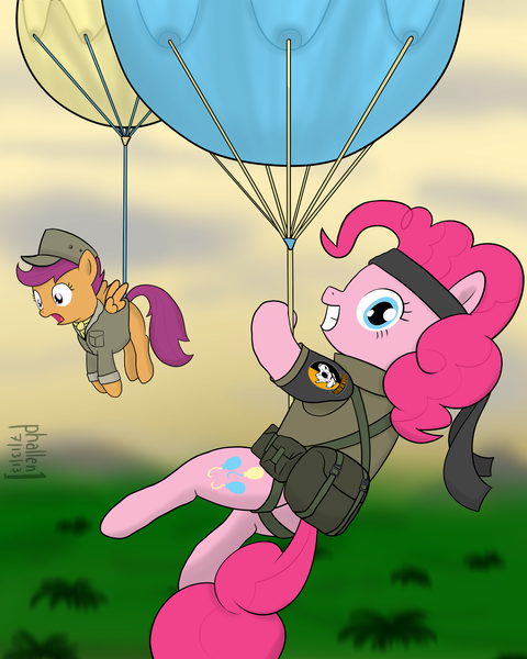 Size: 1000x1250 | Tagged: artist:phallen1, balloon, big boss, chico, clothes, crossover, derpibooru import, duo, fulton surface-to-air recovery system, konami, metal gear, military uniform, peace walker, pinkie pie, safe, scootaloo