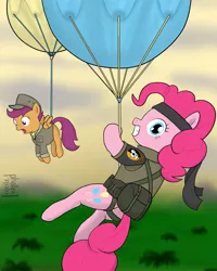 Size: 1000x1250 | Tagged: artist:phallen1, balloon, big boss, chico, clothes, crossover, derpibooru import, duo, fulton surface-to-air recovery system, konami, metal gear, military uniform, peace walker, pinkie pie, safe, scootaloo