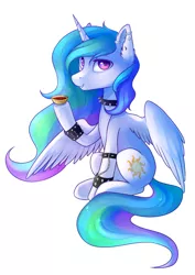 Size: 1024x1447 | Tagged: safe, artist:ghst-qn, derpibooru import, princess celestia, alicorn, pony, choker, collar, cup, ear piercing, female, food, grin, hoof hold, looking at you, mare, piercing, simple background, sitting, smiling, solo, spiked choker, spiked wristband, tea, teacup, white background, wristband