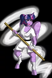 Size: 1024x1536 | Tagged: ankle wraps, anthro, bandage, bo staff, cleavage, clothes, derpibooru import, female, fingerless gloves, gloves, karate, open mouth, safe, smiling, solo, twilight sparkle, twilight sparkle (alicorn)