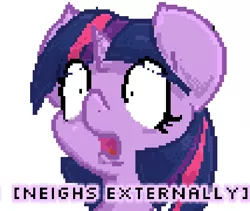 Size: 482x406 | Tagged: safe, artist:krucification, derpibooru import, twilight sparkle, pony, descriptive noise, frown, horrified, horse noises, horses doing horse things, meme, neigh, open mouth, pixel art, portrait, reaction image, simple background, white background, wide eyes, x externally