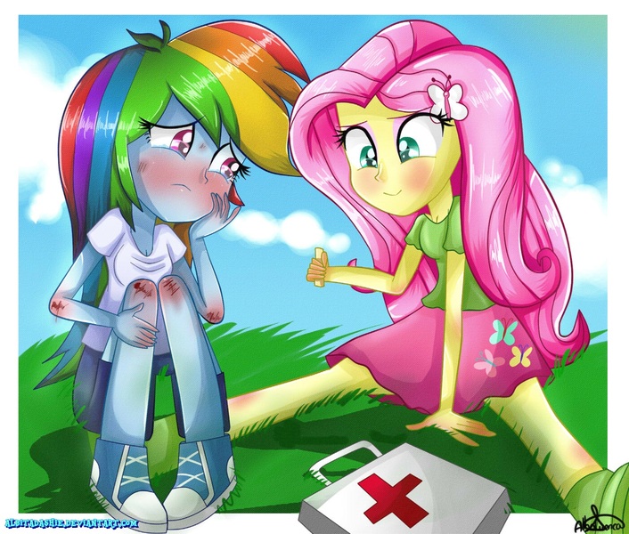 Size: 1400x1190 | Tagged: safe, artist:vixelzf, derpibooru import, fluttershy, rainbow dash, equestria girls, bruised, converse, crying, female, flutterdash, fluttermedic, lesbian, shipping