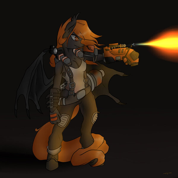 Size: 894x894 | Tagged: safe, artist:slouping, derpibooru import, oc, oc:backburner, oc:frostfire, unofficial characters only, anthro, bat pony, anthro oc, evolve, female, fire, flamethrower, fuel tank, happy burny time, solo, weapon