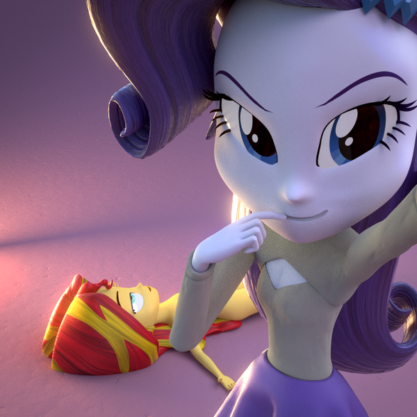 Size: 672x672 | Tagged: suggestive, artist:3d thread, artist:creatorofpony, derpibooru import, rarity, sunset shimmer, equestria girls, /mlp/, 3d, 3d model, blender, breasts, cleavage, clothed female nude female, clothes, devious, evil grin, female, keyhole turtleneck, knockout, looking at you, nudity, open-chest sweater, skirt, stealing, strategically covered, sweater, turtleneck