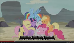 Size: 1282x752 | Tagged: safe, derpibooru import, screencap, applejack, fluttershy, pinkie pie, rainbow dash, rarity, twilight sparkle, twilight sparkle (alicorn), alicorn, pony, the cutie map, female, mane six, mare, meme, youtube caption