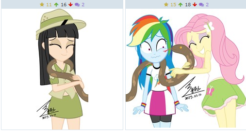 Size: 507x271 | Tagged: safe, artist:bluse, derpibooru import, daring do, fluttershy, rainbow dash, snake, derpibooru, equestria girls, exploitable meme, juxtaposition, juxtaposition win, meme, meta, show accurate