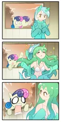 Size: 535x1073 | Tagged: artist:sweetsound, bon bon, bra, breasts, cleavage, clothes, cosplay, costume, cropped, crossover, derpibooru import, human, human and pony, humanized, jaw drop, kochiya sanae, lyra heartstrings, pony costume, suggestive, sweetie drops, touhou, underwear, white underwear