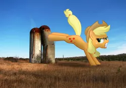 Size: 2592x1818 | Tagged: safe, artist:fandroit, derpibooru import, applejack, pony, bucking, demolition, destruction, giant pony, highrise ponies, irl, macro, photo, ponies in real life, silo