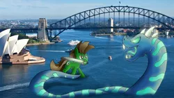 Size: 1920x1080 | Tagged: safe, artist:fandroit, derpibooru import, oc, oc:fandroit, unofficial characters only, kaiju, pony, sea serpent, giant pony, irl, macro, mouth hold, photo, ponies in real life, sea monster, sword, sydney, sydney opera house