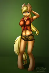 Size: 667x1000 | Tagged: anthro, applejack, artist:sikdrift, breasts, busty applejack, chest fluff, clothes, derpibooru import, female, midriff, solo, solo female, suggestive