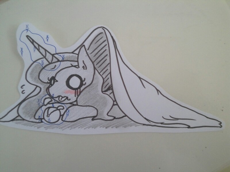 Size: 1280x960 | Tagged: safe, artist:wbsfwfactory, derpibooru import, princess luna, blanket, cute, paper child, traditional art