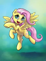 Size: 975x1275 | Tagged: safe, artist:kp-shadowsquirrel, derpibooru import, part of a set, fluttershy, pegasus, pony, belly button, cute, female, flying, happy, looking at you, mare, open mouth, raised hoof, shyabetes, smiling, solo, underhoof