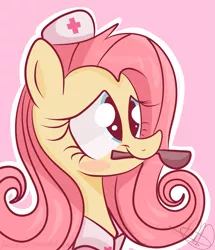 Size: 4779x5555 | Tagged: safe, artist:balloons504, derpibooru import, fluttershy, pegasus, pony, absurd resolution, blushing, bust, cute, female, mare, mouth hold, nurse, nurse outfit, pink background, portrait, simple background, smiling, solo, spoon