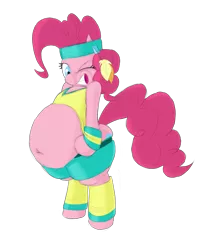 Size: 1789x2123 | Tagged: safe, artist:calorie, derpibooru import, pinkie pie, pony, belly, belly button, big belly, bipedal, fat, headband, leg warmers, muffin top, need to go on a diet, need to lose weight, obese, piggy pie, pudgy pie, simple background, solo, too fat, too fat to fit, transparent background, workout outfit, wristband