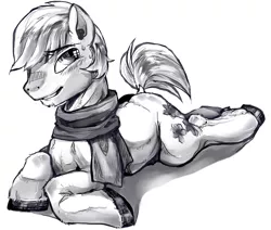 Size: 1000x846 | Tagged: source needed, safe, artist:buttercupsaiyan, deleted from derpibooru, derpibooru import, double diamond, pony, the cutie map, clothes, male, monochrome, my little pony, prone, scarf, solo, stallion, sweat, that was fast, white