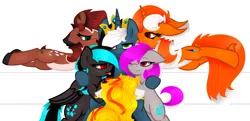 Size: 1876x910 | Tagged: suggestive, artist:fearingfun, artist:zmei-kira, derpibooru import, oc, oc:cerry sly, oc:fair plume, oc:grin den chainzer, oc:lia, oc:strange nexus, ponified, deer, earth pony, pegasus, pony, unicorn, crown, group, licking, looking at you, smiling, tongue out, trace, zmei-kira