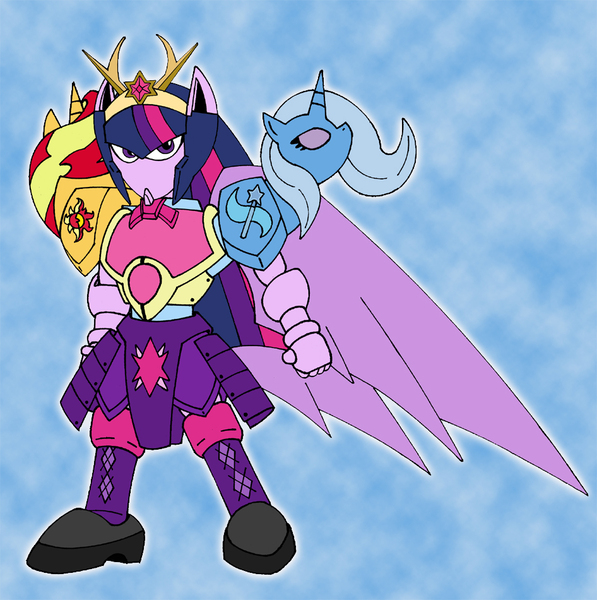 Size: 946x950 | Tagged: safe, artist:combatkaiser, derpibooru import, sunset shimmer, trixie, twilight sparkle, twilight sparkle (alicorn), anthro, unicorn, equestria girls, armor, counterparts, crossover, liu bei, magical trio, mechanized, romance of the three kingdoms, sd gundam, twilight's counterparts