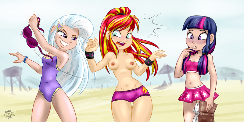 Size: 1280x640 | Tagged: questionable, artist:2010kohtep, artist:ponut_joe edit, derpibooru import, edit, sunset shimmer, trixie, twilight sparkle, twilight sparkle (alicorn), equestria girls, alternate hairstyle, areola, armpits, assisted exposure, attached skirt, beach, beach ball, belly button, bikini, blushing, bracelet, breasts, clothes, clothing theft, dark areola, embarrassed, embarrassed nude exposure, exhibitionism, female, females only, human coloration, humanized, humiliation, light skin, nipples, nudity, one-piece swimsuit, public nudity, realism edits, swimsuit, swimsuit theft, topless, wristband