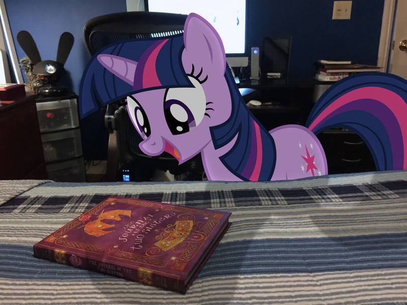 Size: 3264x2448 | Tagged: artist:greenmachine987, artist:mrlolcats17, bed, book, derpibooru import, irl, journal of the two sisters, light switch, monitor, pc, photo, ponies in real life, safe, shadow, solo, twilight sparkle, vector