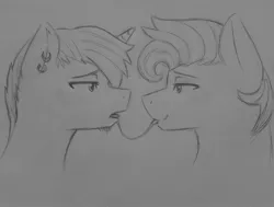 Size: 2546x1920 | Tagged: suggestive, artist:subimaru_kai, derpibooru import, oc, unofficial characters only, earth pony, pony, unicorn, bedroom eyes, blushing, drool, drool string, gay, kissing, male, married, monochrome, oc x oc, sloppy kissing