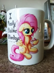 Size: 774x1032 | Tagged: safe, artist:bugplayer, derpibooru import, fluttershy, bugplayer is trying to murder us, craft, cute, i hate mondays, monday, mug