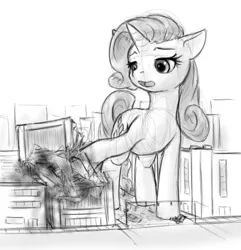 Size: 533x554 | Tagged: safe, artist:alloyrabbit, derpibooru import, rarity, pony, city, destruction, giant pony, giantess, macro, monochrome, solo