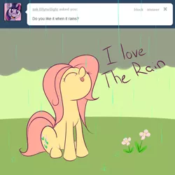 Size: 1280x1280 | Tagged: artist:squiby-327, ask, ask posey, derpibooru import, eyes closed, flower, g1, posey, rain, safe, solo, tumblr