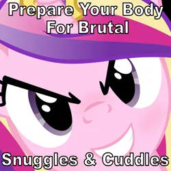 Size: 4800x4800 | Tagged: absurd resolution, blushing, caption, close-up, derpibooru import, edit, face, grin, hi anon, horn, image macro, imma snuggle you, imminent hape, looking at you, meme, multicolored hair, princess cadance, purple eyes, slasher smile, suggestive