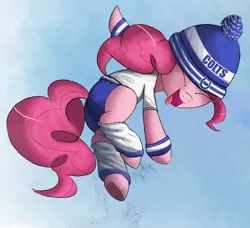 Size: 1500x1368 | Tagged: safe, artist:ncmares, derpibooru import, part of a set, pinkie pie, american football, beanie, clothes, hat, indianapolis colts, leg warmers, nfl, open mouth, plot, solo, super bowl, super bowl xlix, sweatband, tongue out