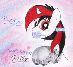 Size: 1595x1457 | Tagged: artist:thechrispony, blushing, cute, derpibooru import, fallout equestria, fallout equestria: project horizons, hearts and hooves day, level 1 (project horizons), mouth hold, oc, oc:blackjack, safe, traditional art, unofficial characters only